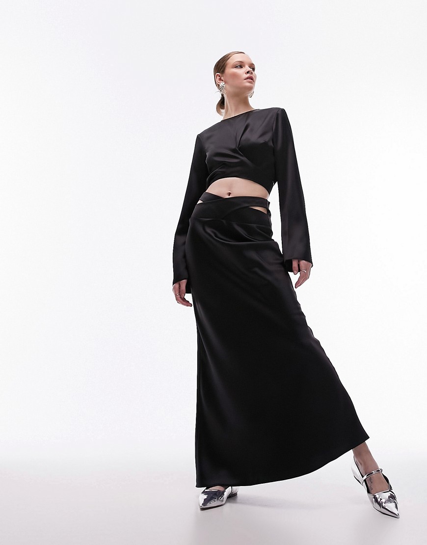 Topshop co-ord satin bias maxi skirt with wrap waist in black
