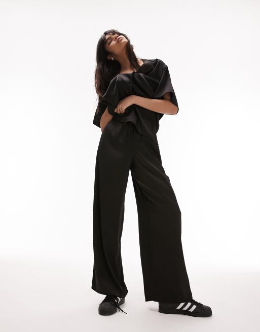 Topshop co-ord satin cord waist wide leg trouser in black