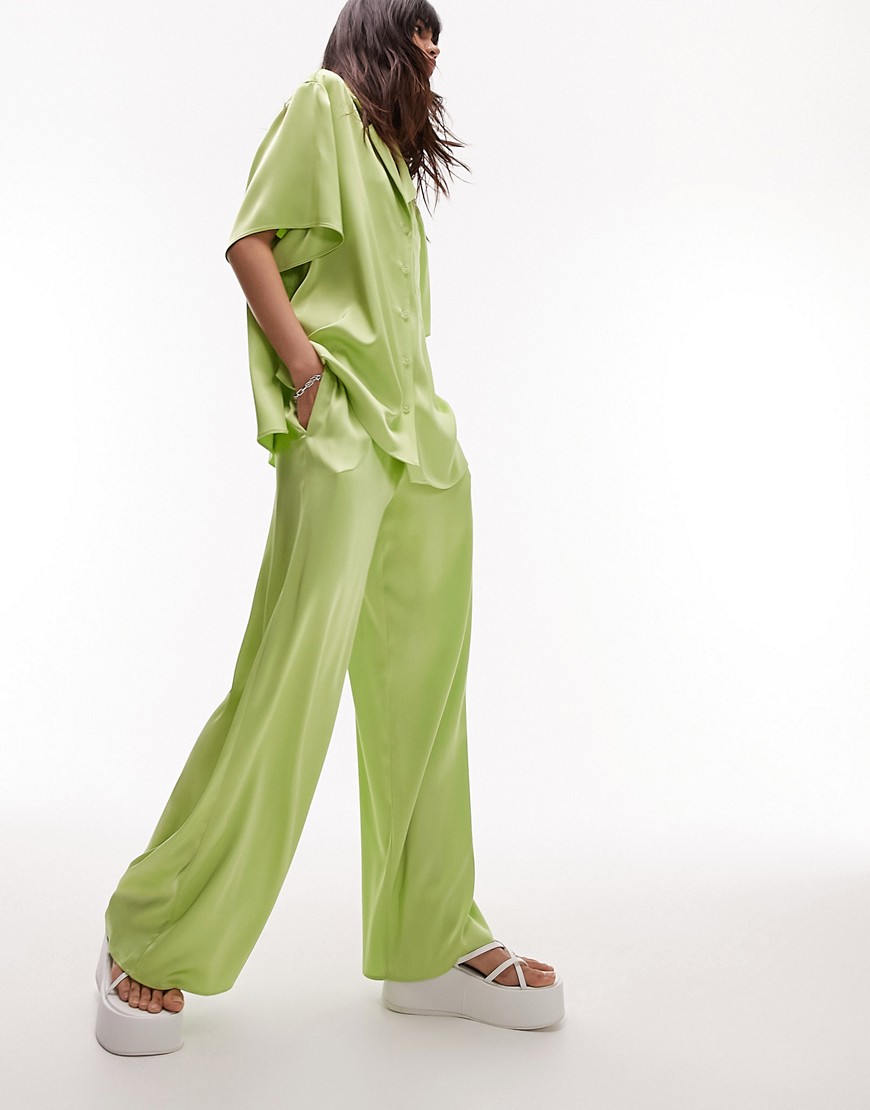 Topshop co-ord satin cord waist wide leg trouser in lime-Green