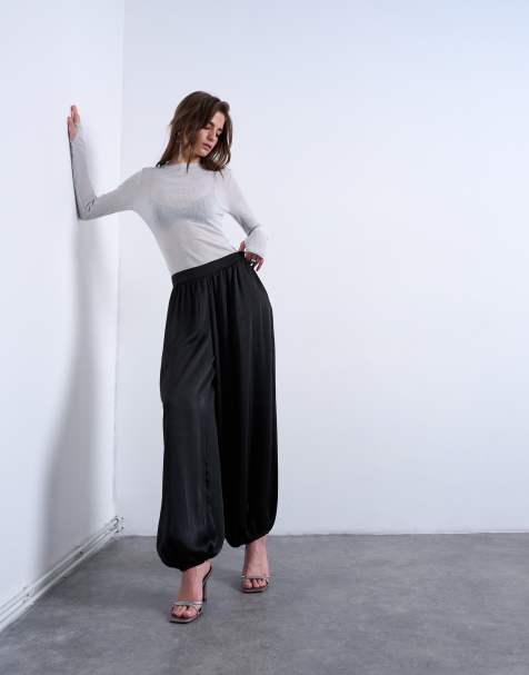 Topshop satin deep waistband balloon trouser in black