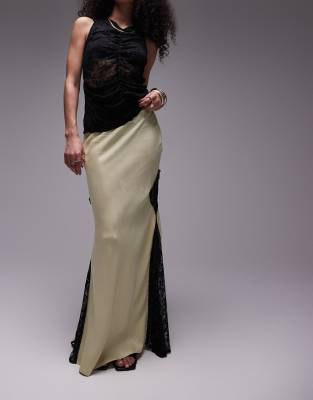 Topshop Topshop co-ord satin lace mix midi skirt in pistachio-Green