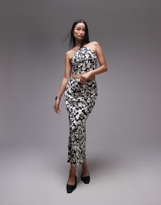 Topshop co-ord satin maxi skirt in mono floral-Black