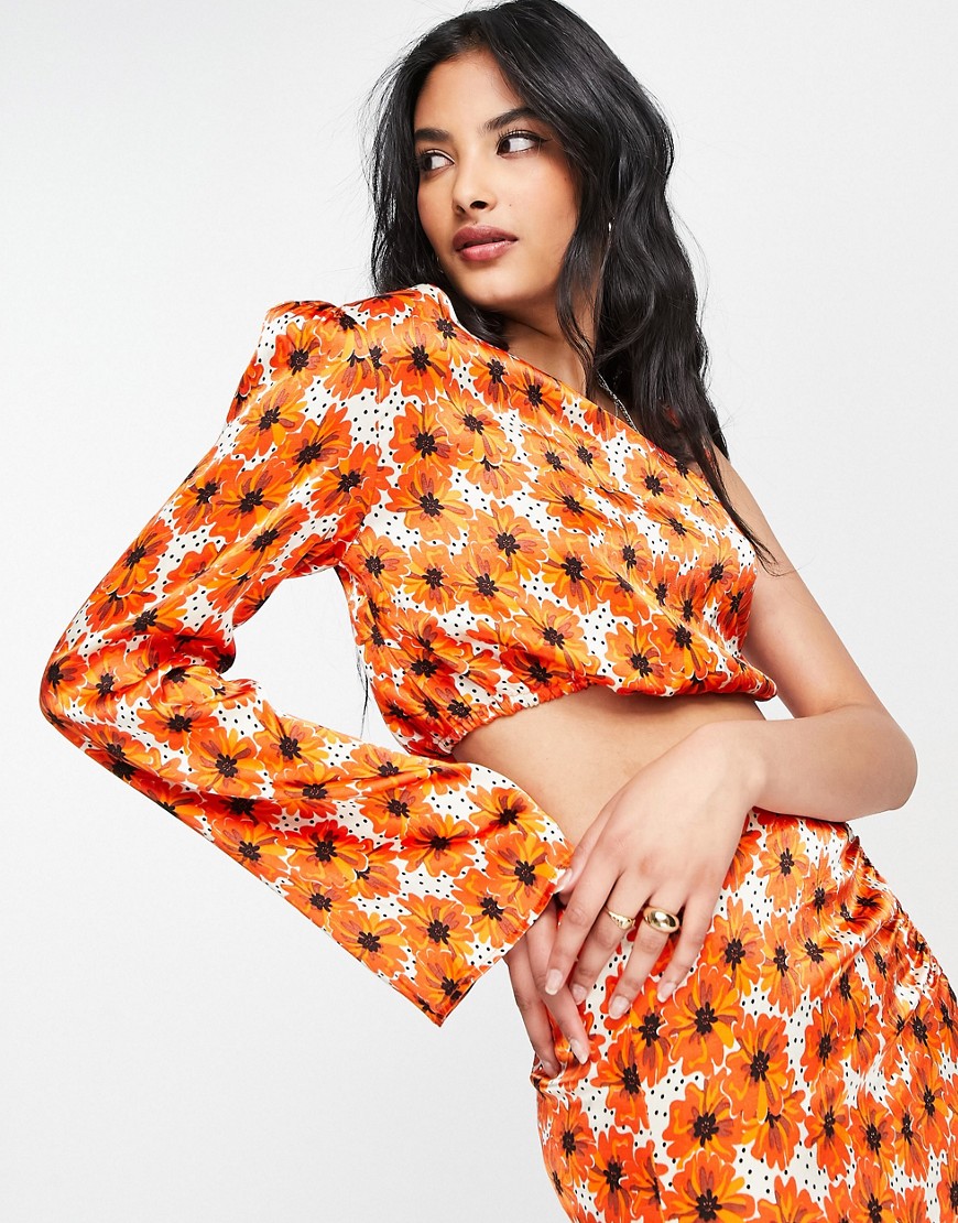 Topshop co-ord satin one shoulder poppy print crop top in red