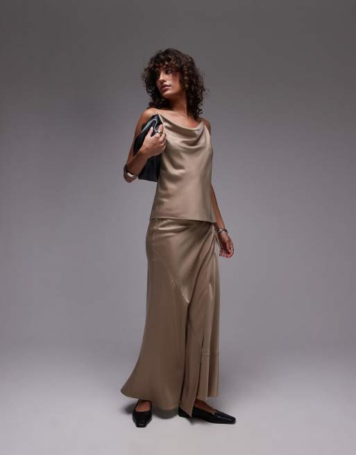 Topshop co-ord satin slash neck top in champagne, 2 of 4