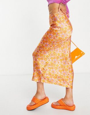 Topshop co-ord satin tie waist 70s floral midi skirt in orange