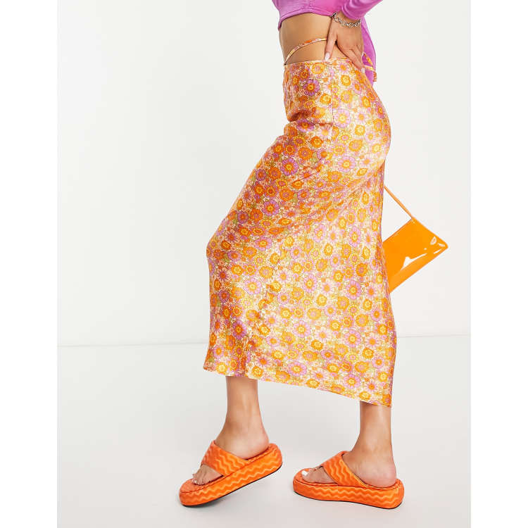 Topshop co ord satin tie waist 70s floral midi skirt in orange