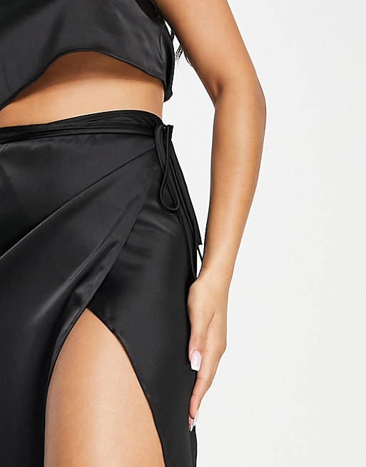 Women Topshop co-ord satin wrap midi skirt in black 