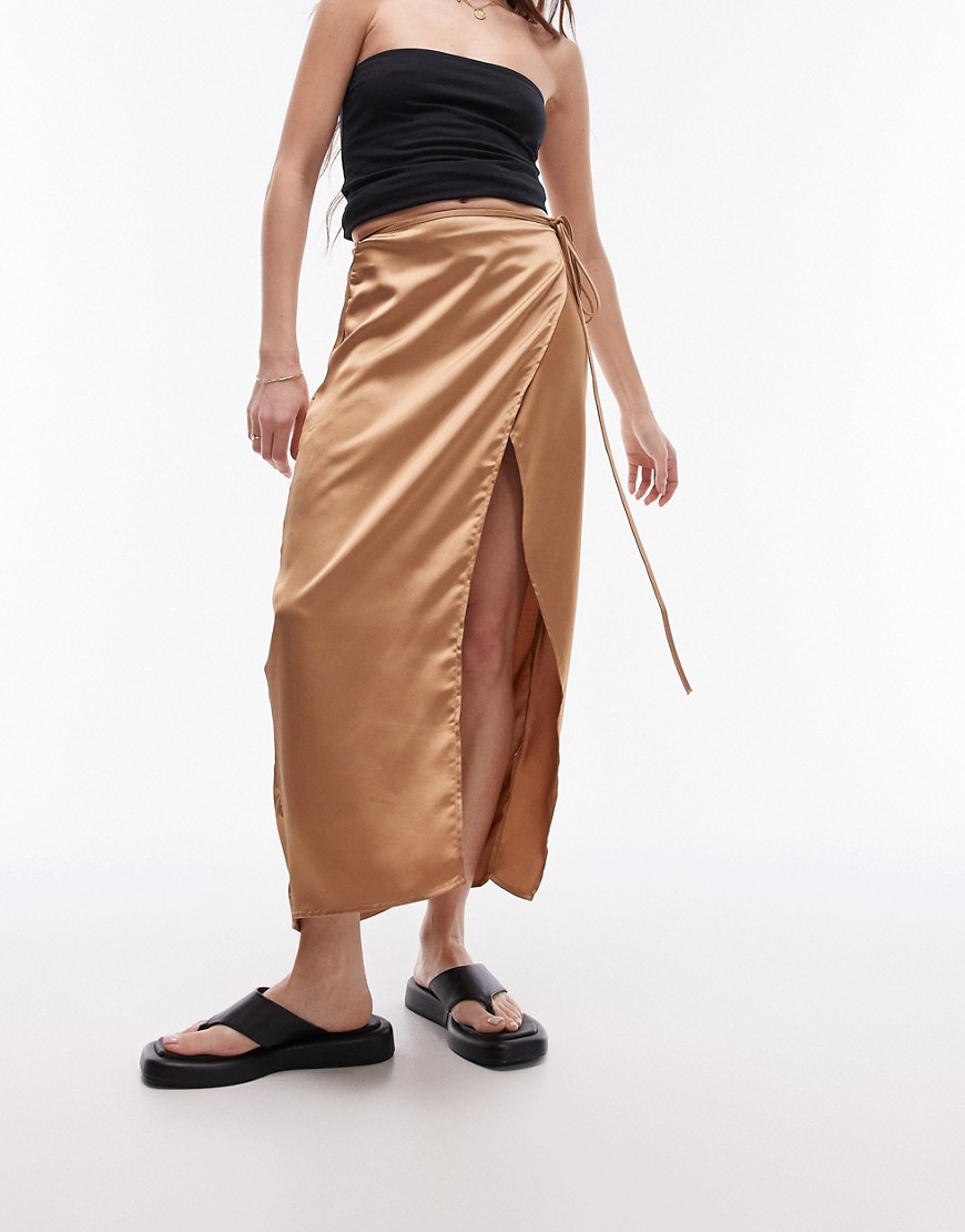 Topshop co-ord satin wrap midi skirt in camel-Neutral