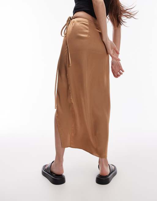 Topshop co ord satin wrap midi skirt in camel