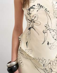 Model wearing Co-ord scarf bandeau top in mono sketched floral