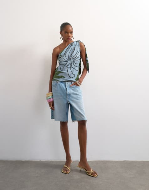 Topshop co ord scarf print one shoulder top in blue abstract leaf print - view 1