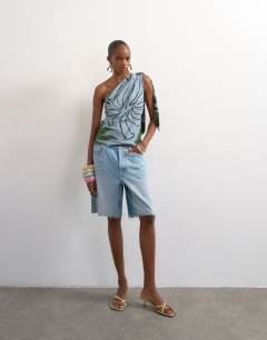 Co ord scarf print one shoulder top in blue abstract leaf print