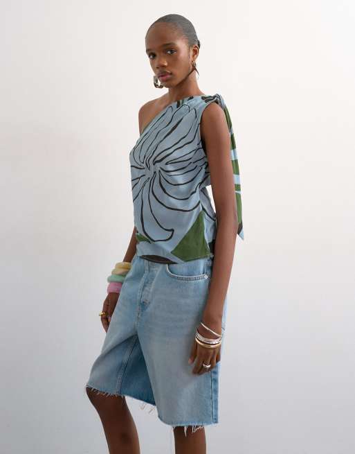 Topshop co ord scarf print one shoulder top in blue abstract leaf