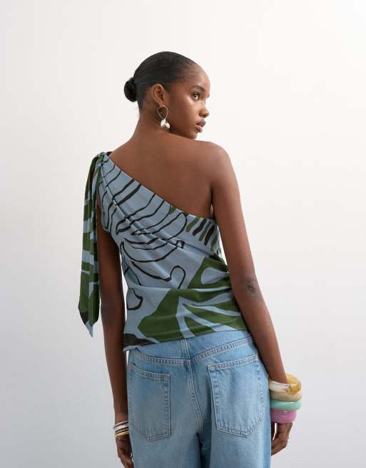 Topshop co ord scarf print one shoulder top in blue abstract leaf print, 3 of 4