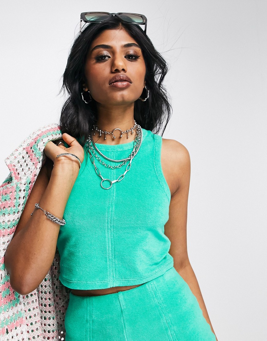 Topshop co-ord seam front towelling racer crop top in green