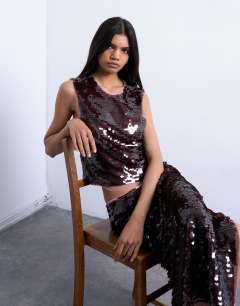 Co-ord sequin contrast shell top in wine