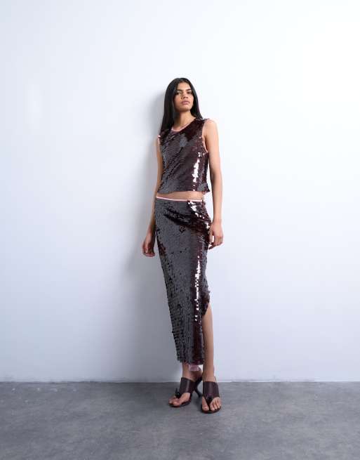 Topshop co-ord sequin contrast shell top in wine, 3 of 4