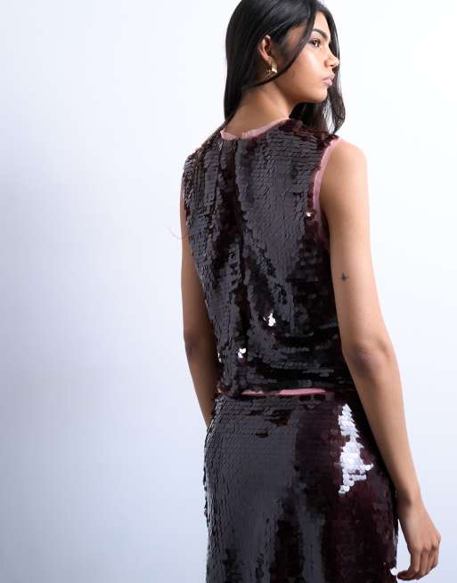 Topshop co-ord sequin contrast shell top in wine, 4 of 4