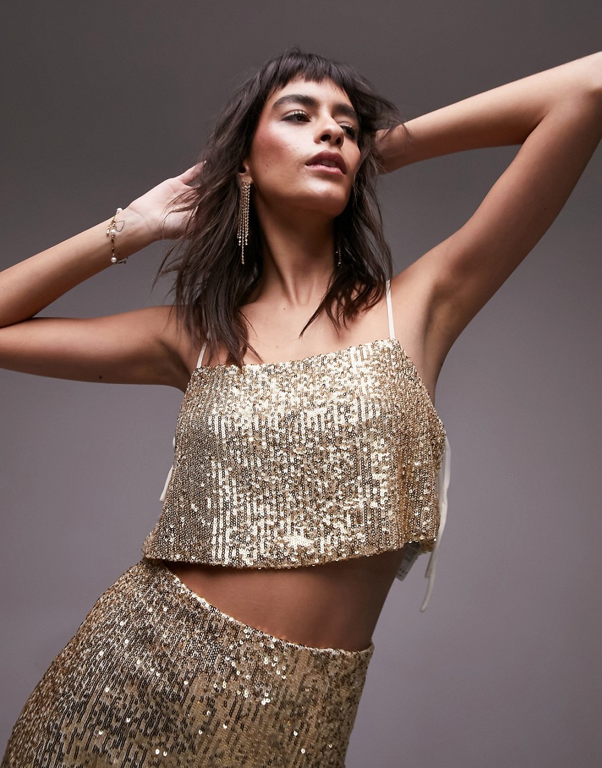 Topshop co-ord sequin crop cami in champagne-Neutral