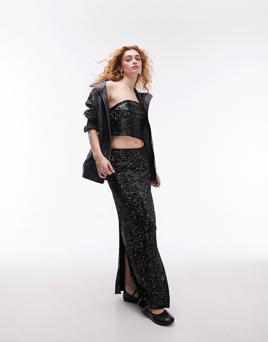 Topshop co-ord sequin maxi skirt in black