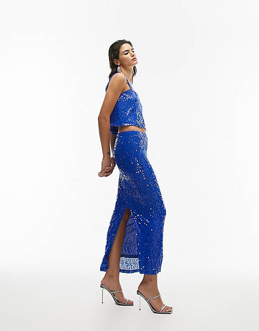 Topshop co-ord sequin maxi skirt in cobalt blue | ASOS