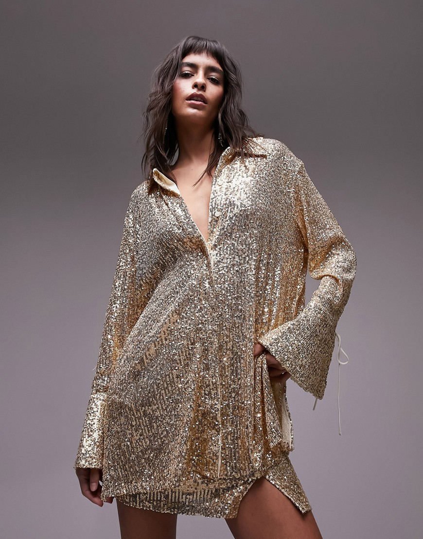 Topshop co-ord sequin oversized shirt in champagne-Neutral