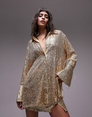 Topshop co-ord sequin oversized shirt in champagne