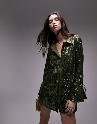 Topshop co-ord sequin oversized shirt in green