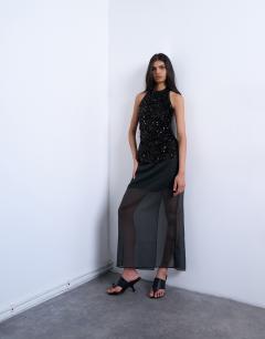 Model wearing Co-ord sheer organza maxi skirt in black