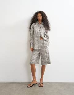 Model wearing Co ord shirt in mono check