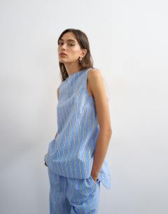 Co-ord sleeveless tie back detail top in blue stripe 
