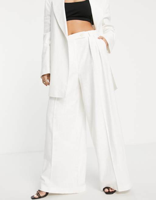 Topshop co-ord slouchy wide leg linen-blend trouser in white | ASOS