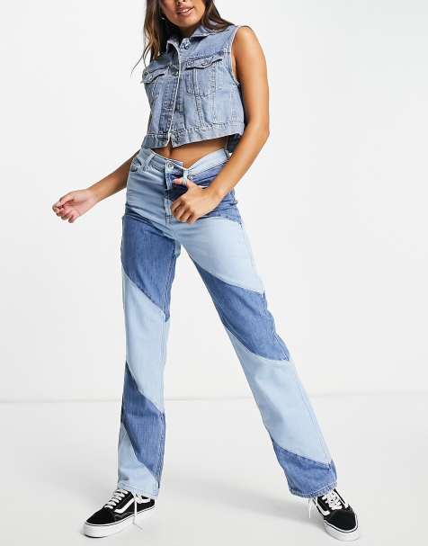 Topshop co ord spiral panelled straight Kort jeans in mid blue - view 1