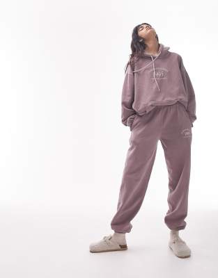 Topshop co-ord stockholm embroidered vintage wash oversized cuffed jogger in plum - ASOS Price Checker