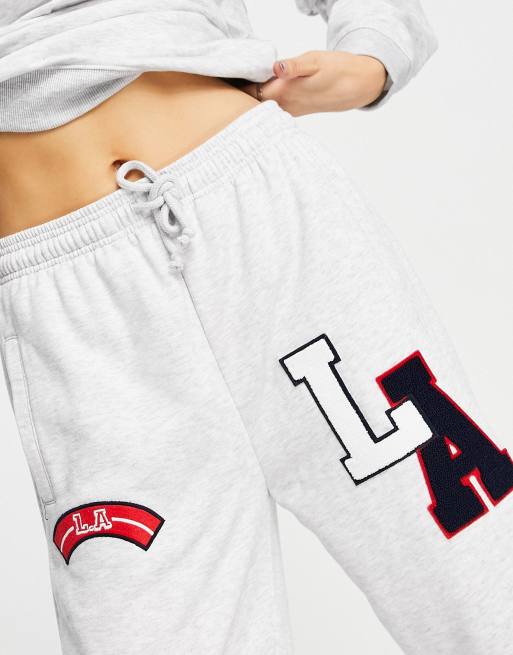 Topshop co ord straight leg jogger with Los Angeles patches in grey