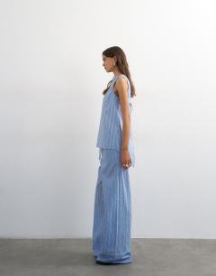 Model wearing Co ord straight leg trouser in blue stripe