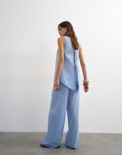 Model wearing Co ord straight leg trouser in blue stripe