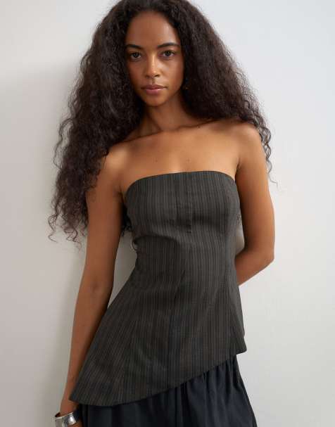 Topshop co ord stripe asymmetric seamed bandeau in brown - view 1
