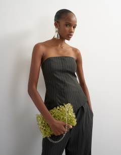 Model wearing Co ord stripe asymmetric seamed bandeau in brown