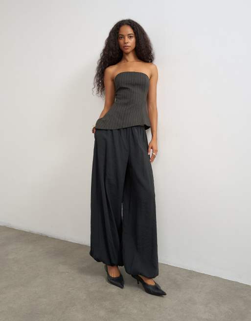 Topshop co ord stripe asymmetric seamed bandeau in brown, 2 of 4