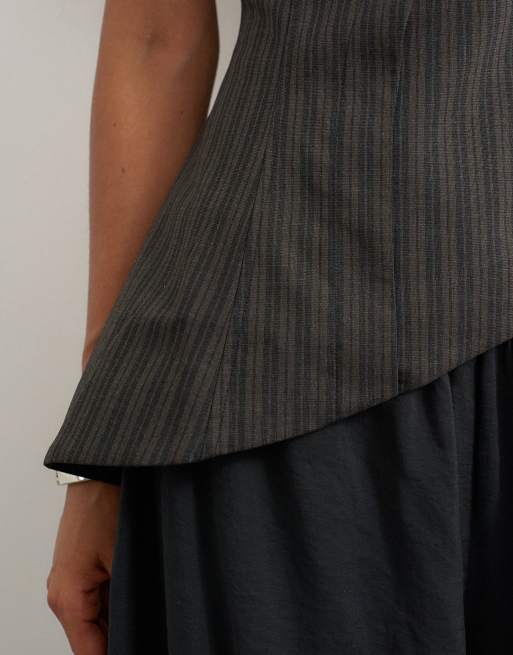 Topshop co ord stripe asymmetric seamed bandeau in brown, 3 of 4