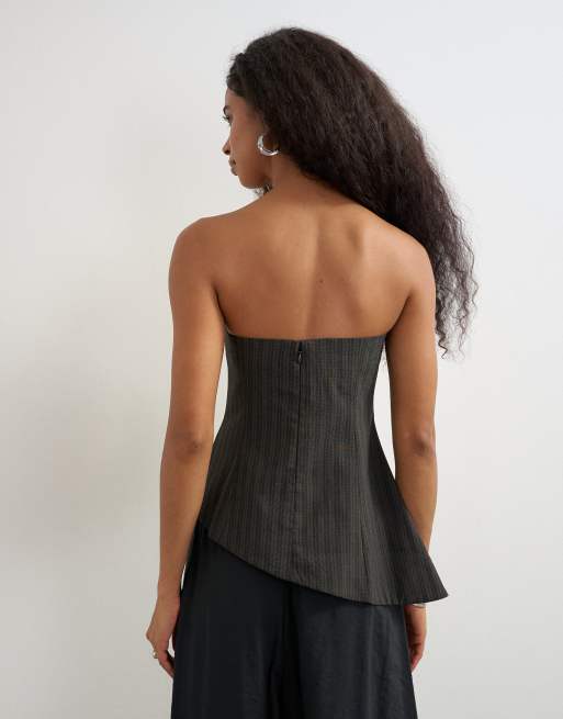 Topshop co ord stripe asymmetric seamed bandeau in brown, 4 of 4