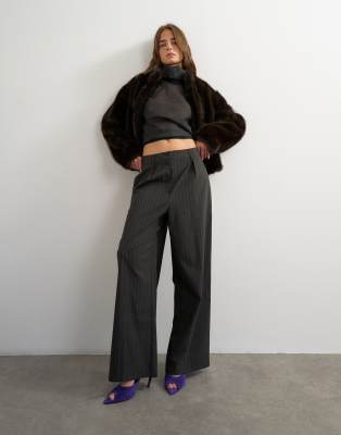 Topshop Co Ord Stripe Double Pleat Tab Trouser In Black