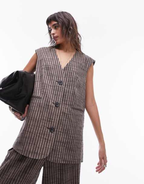 Topshop co-ord stripe linen oversized waistcoat in brown - view 1
