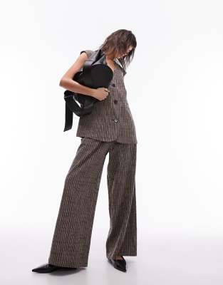 Topshop Topshop co-ord stripe linen wide leg pleated trouser in brown