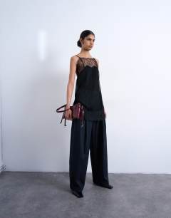 Co ord subtle pinstripe low rise buckle detail trouser in navy