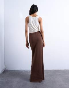 Model wearing Co-ord super soft cupro bias midi in brown