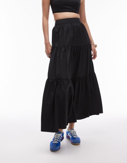 Women's Boho Ruffle Maxi Skirt - High Waist Elastic Pleated Flowy Summer Skirt With Drawstring