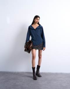 Model wearing Co ord tailored shirt in navy