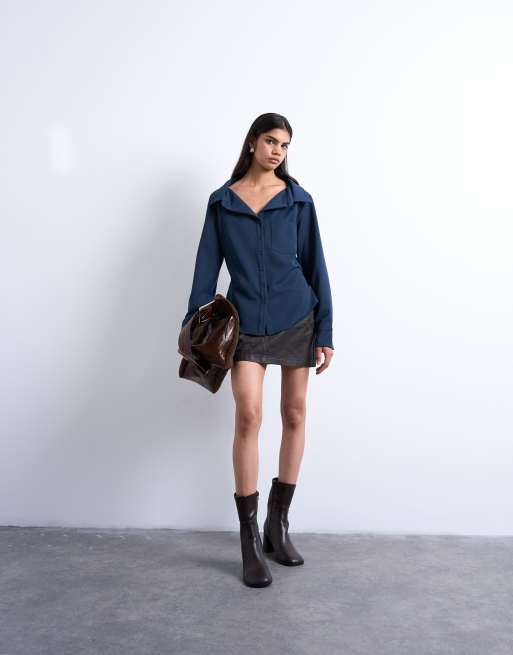 Topshop co ord tailored shirt in navy, 2 of 4